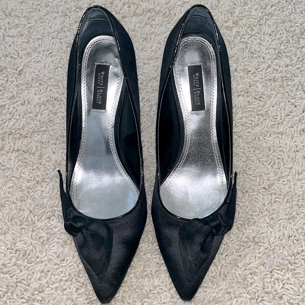 WHBM Black Satin heels with bow